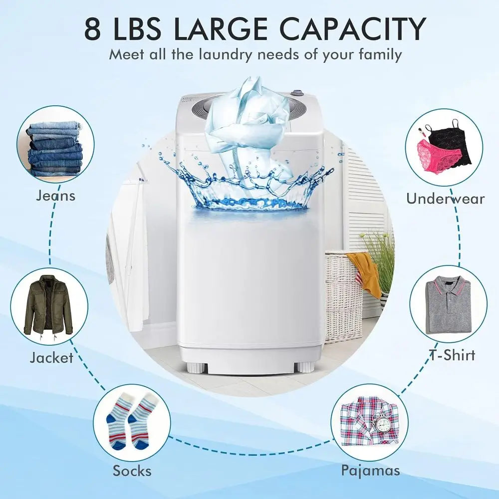 Compact 8LB Capacity Full-Auto Washer with 6 Cycles, LED Display, 3 Water Levels, Ideal for Home, Apartment, Dorm, and RVs