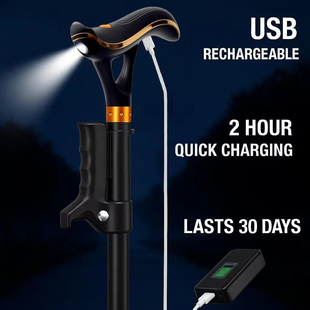 Foldable Adjustable Walking Cane with LED Light & Alarm, USB-C Rechargeable Heavy Duty Mobility Aid for Seniors
