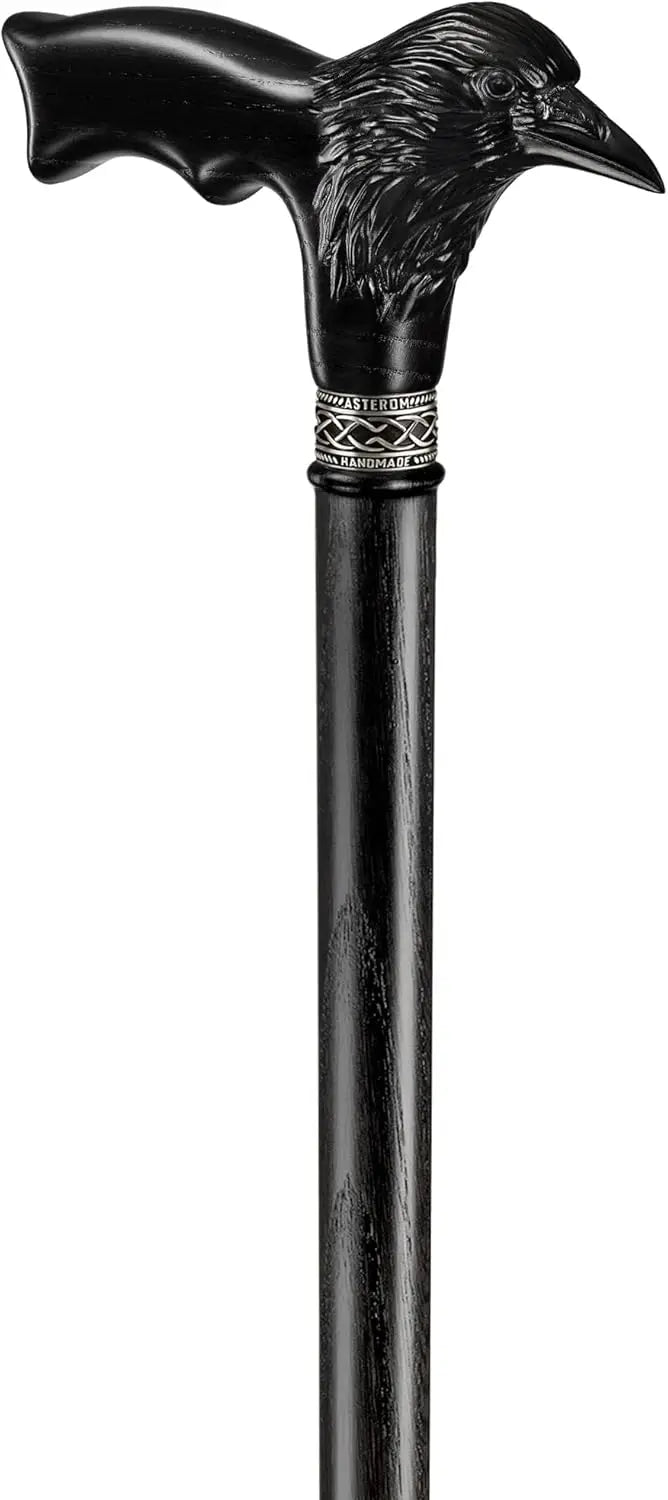 Handmade Wooden Carved Walking Cane for Men and Women - Raven Design Gothic Style Walking Stick