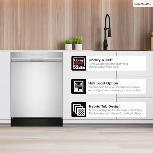 24-inch Stainless Steel Dishwasher with Pocket Handle 52 dB Hybrid Tub 12 Place Settings 5 Cycles Heated Dry Silver Finish