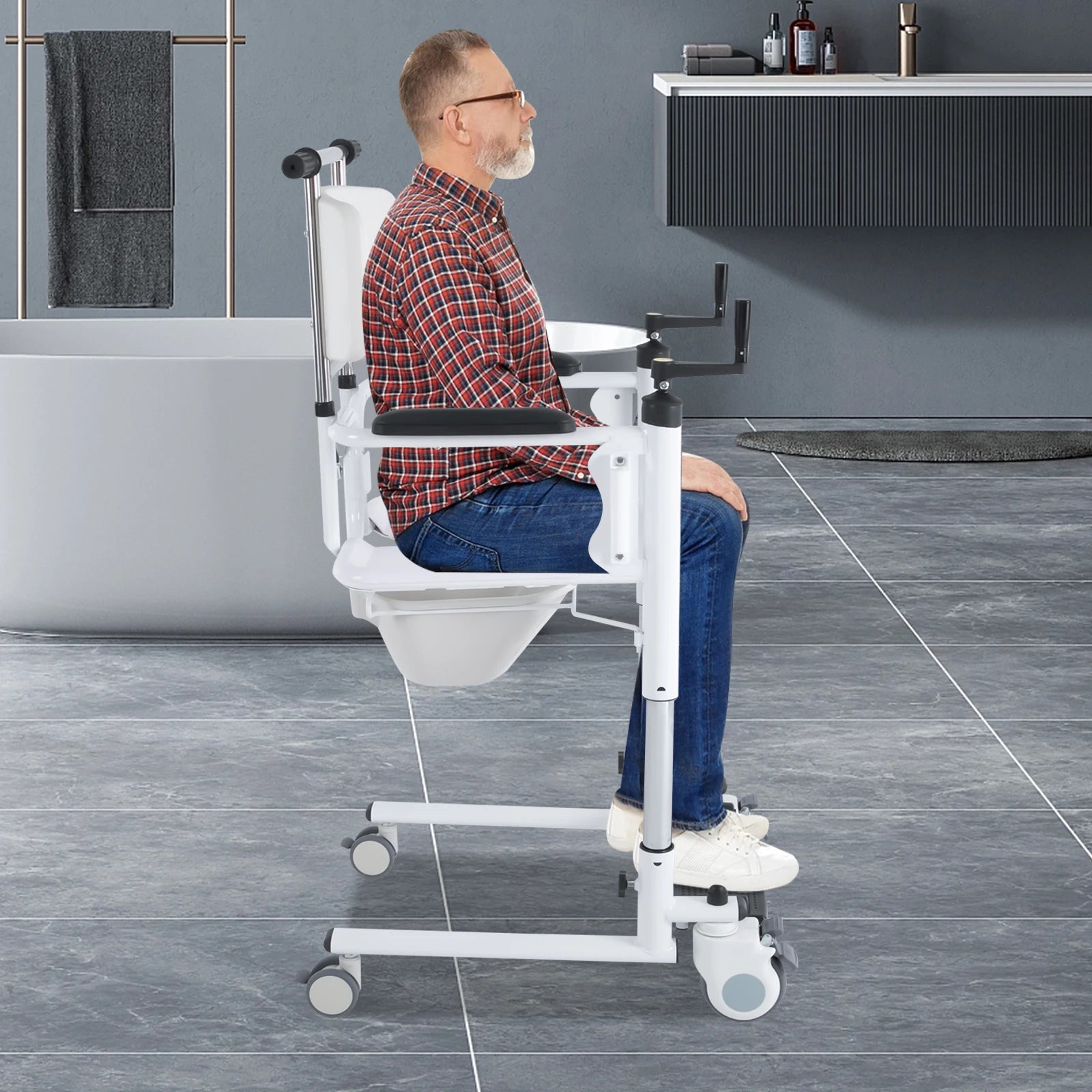 Patient Lift Chair, Transport Bath Seat with Commode, Adjustable Height Transfer Rolling Tool for Pregnant, Elderly, Disabled