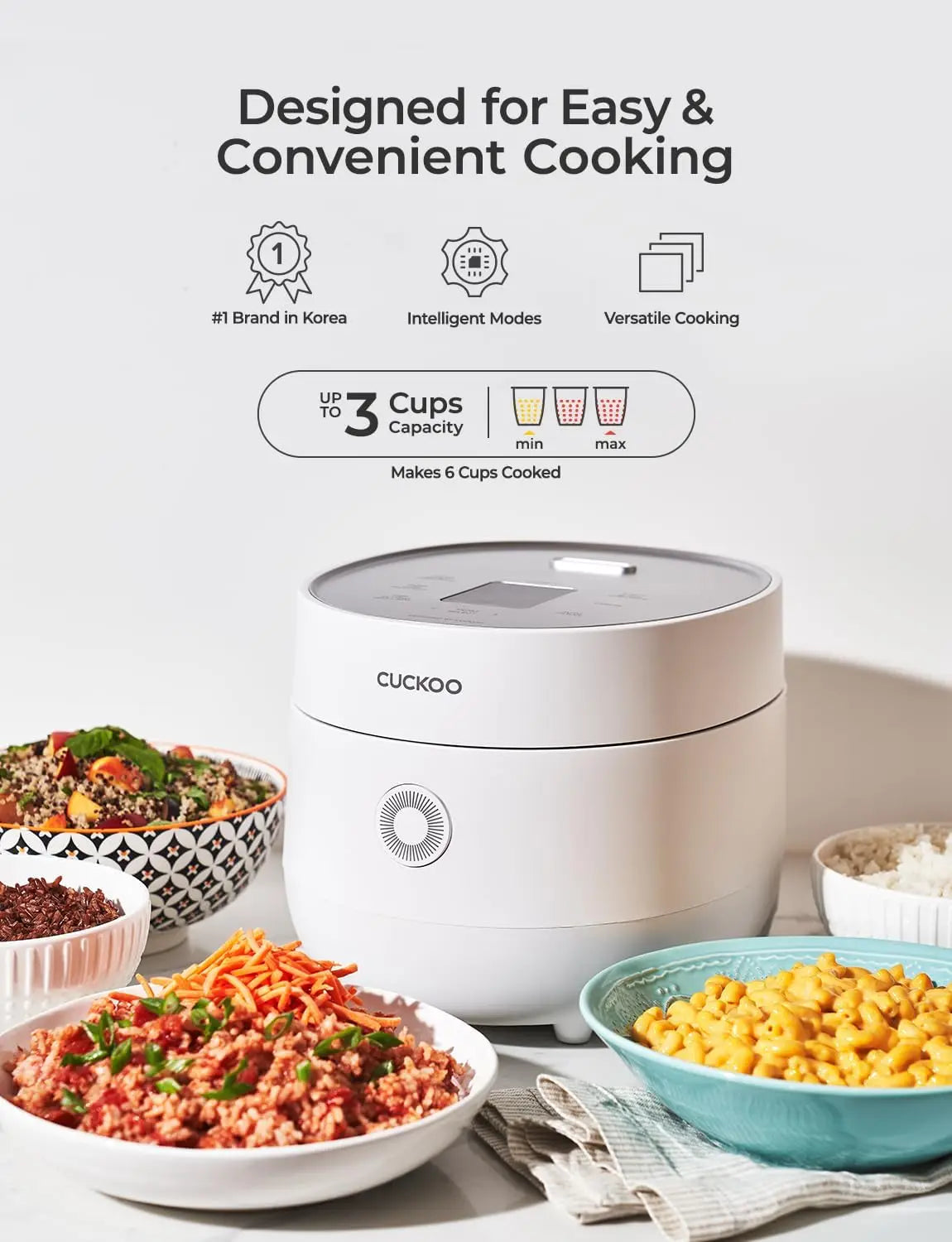 3-Cup Uncooked / 6-Cup Cooked Rice Cooker with Nonstick Pot, Fuzzy Logic, Auto Clean, Quick Mode, White