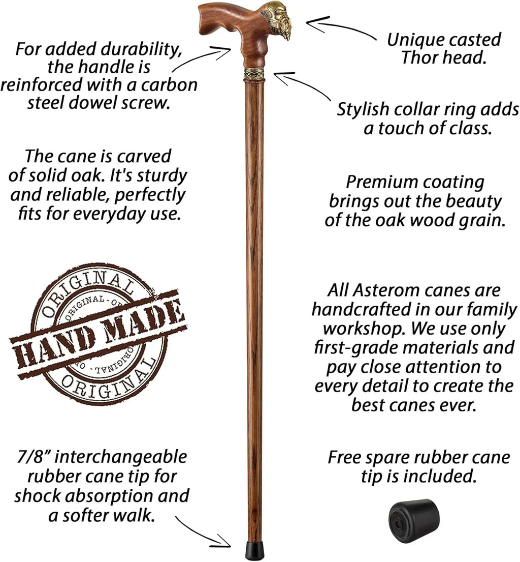 Handmade Viking Walking Cane for Men & Seniors - Unique Wooden Design, Cool Thor-Inspired Caramel Finish