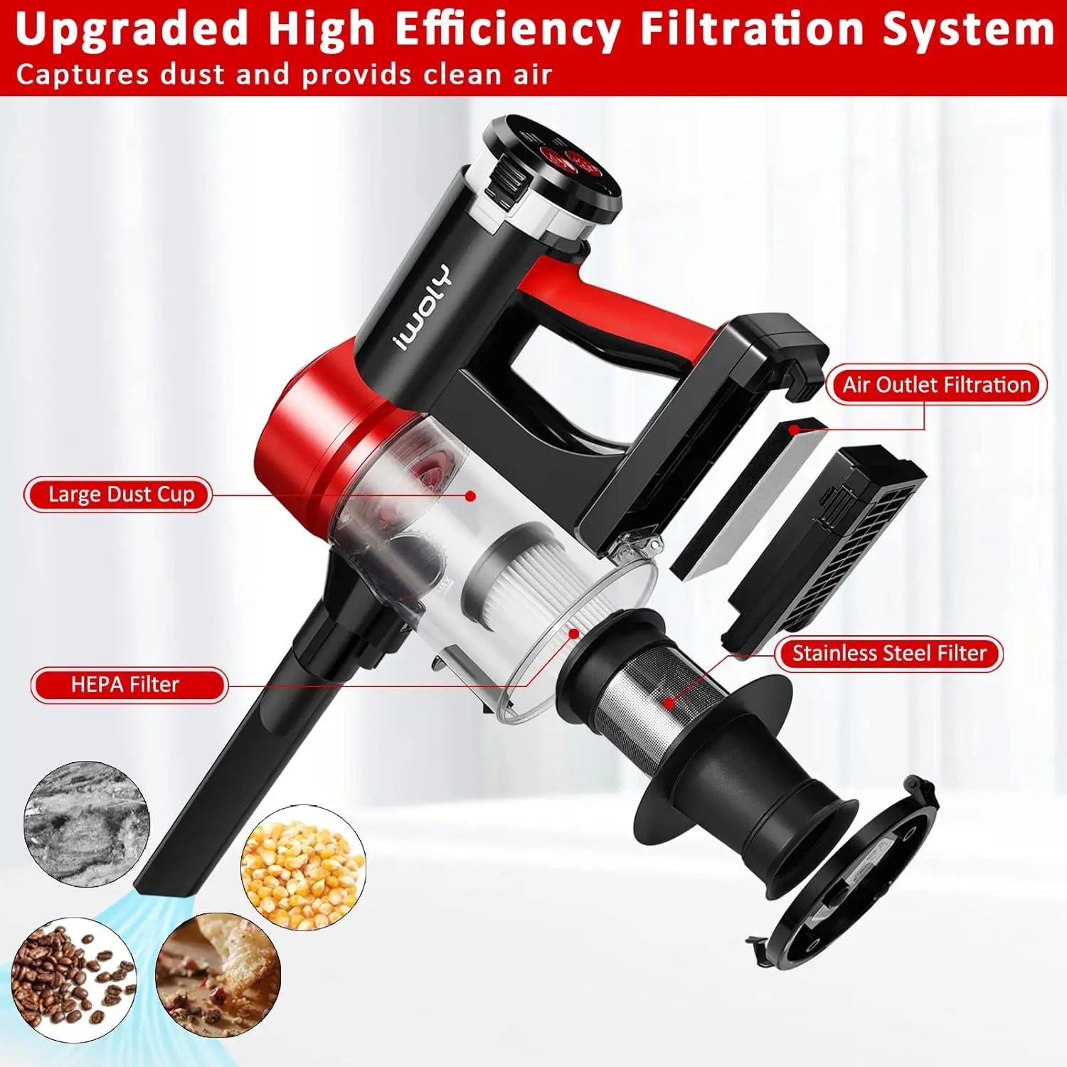 Cordless Vacuum Cleaner with 2200mAh Battery, 18000Pa Suction, HEPA Filter for Hard Floor and Car Cleaning