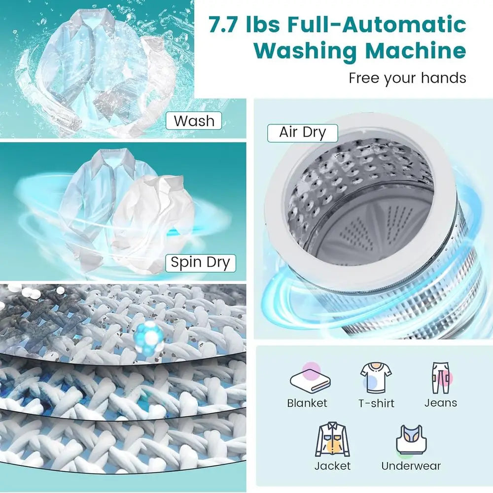 7.7 lbs Compact Automatic Washer with 10 Cycles, 3 Water Levels, Ideal for RVs, Dorms, Blue