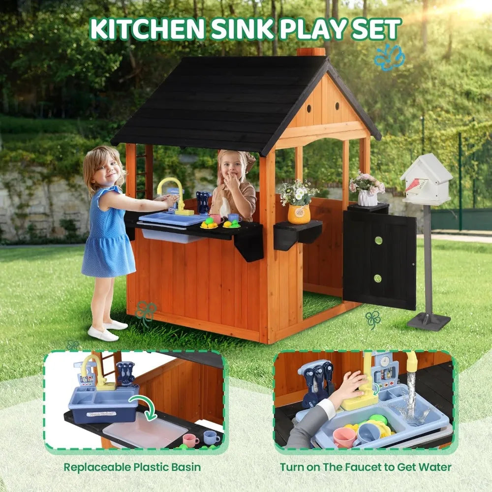 Outdoor Playhouse with Sink Toys, Picnic Table, Mailbox, Spacious Wooden Toddler Playhouse, Customized