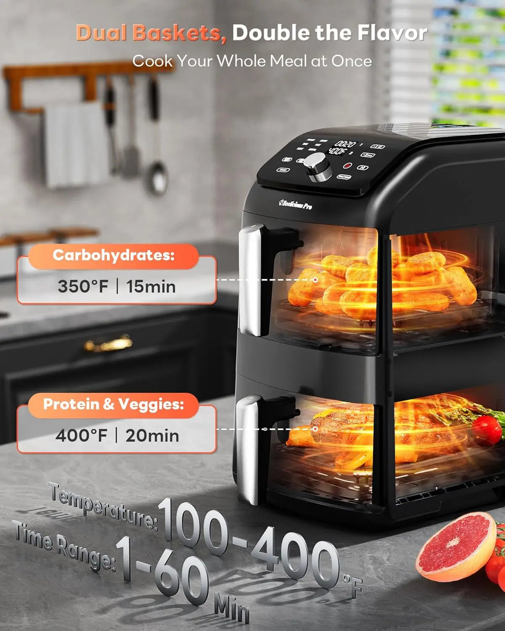 12QT Dual Basket Air Fryer, 10-in-1 Functions with SyncHeat Tech, Stacked Design for Even Cooking, Dishwasher Safe