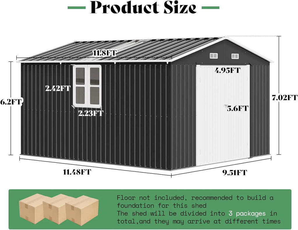 10x12x7 FT Outdoor Storage Shed with 2 Transparent Panels, Metal Garden Shed with Hinged Double Doors, 2 Windows & 4 Vents, Rein