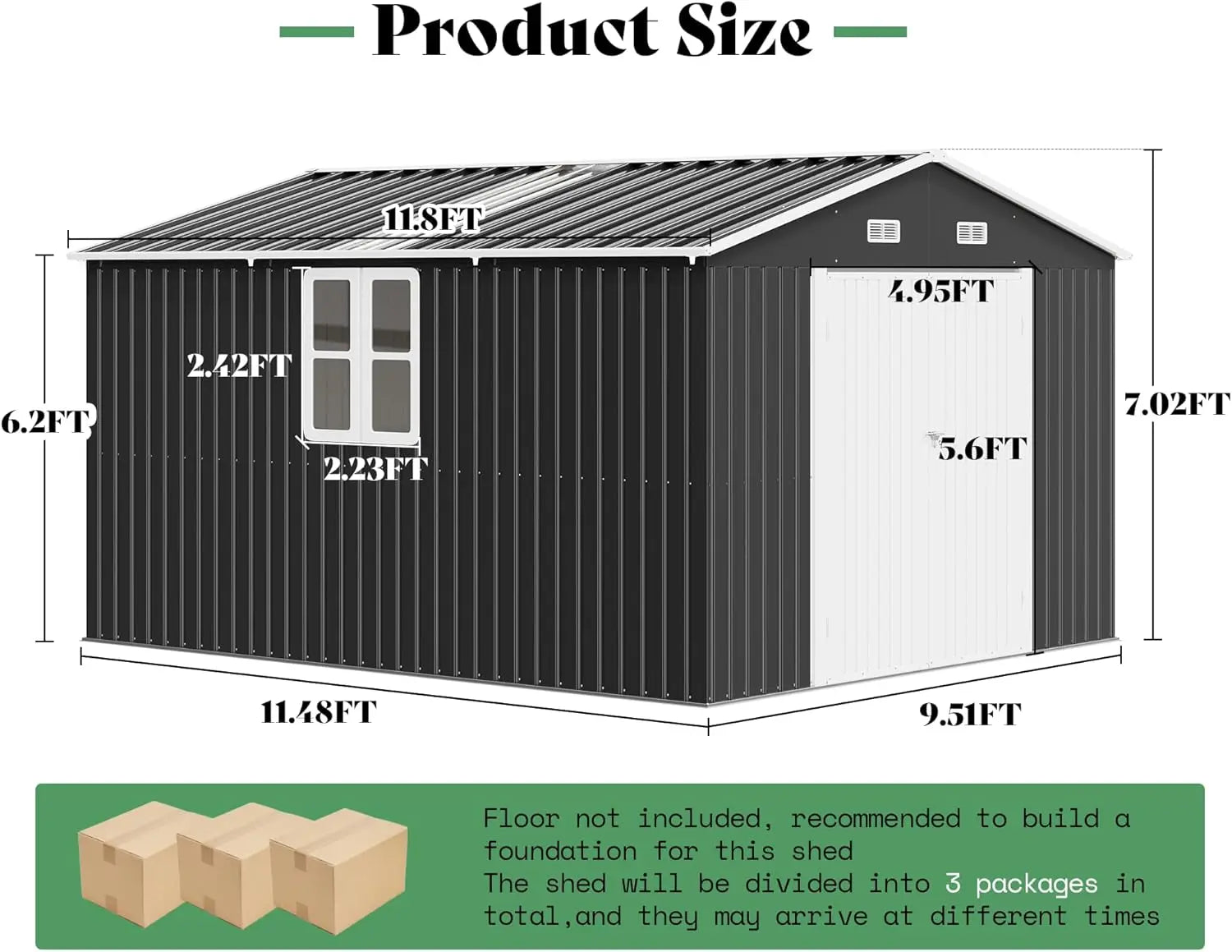10x12x7 FT Outdoor Storage Shed with 2 Transparent Panels, Metal Garden Shed with Hinged Double Doors, 2 Windows & 4 Vents, Rein