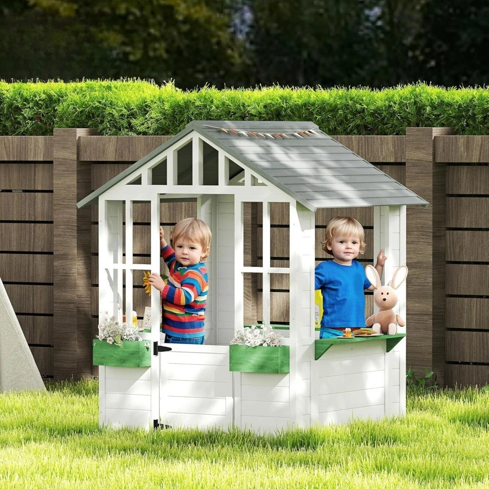 Wooden Playhouse, Outdoor Garden Games Cottage, with Working Door, Windows, Flowers Pot Holder, Customized