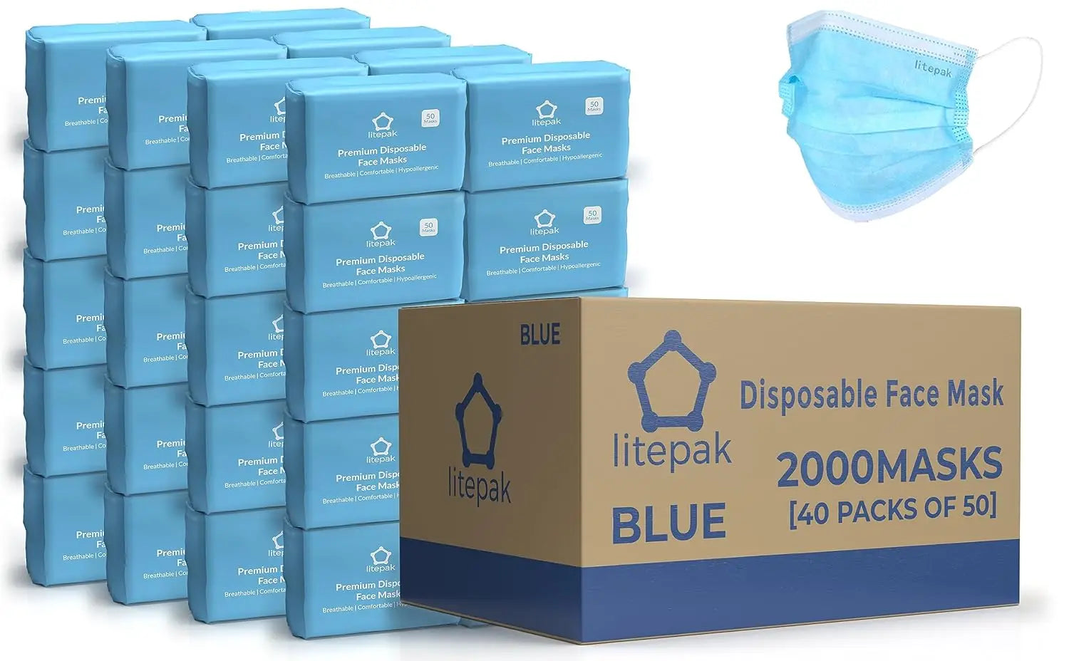 2000pcs Disposable Face Masks, 3-Ply Breathable Blue Masks for Adults, 40 Packs of 50