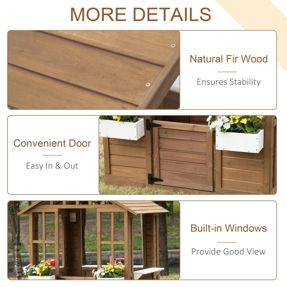 Wooden Playhouse, Outdoor Garden Games Cottage, with Working Door, Windows, Flowers Pot Holder, 47" X 38" X 54", Customized