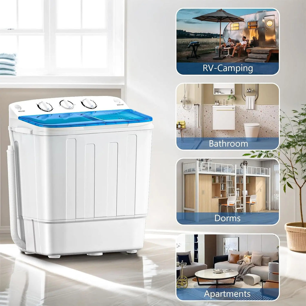 Twin Tub Mini Washing Machine for Dorm, RV, Camping, Apartment - Plastic Material, Free Drying Rack & 10 Hangers, 18lbs Compact