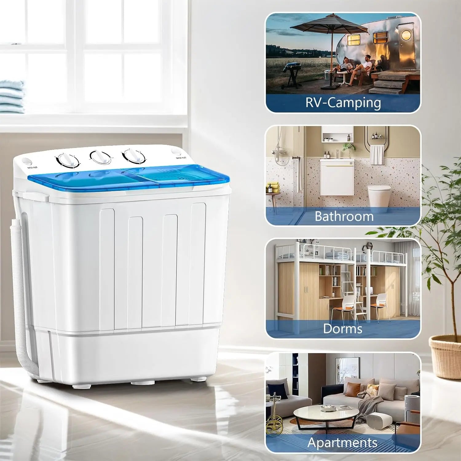 Twin Tub Mini Washing Machine for Dorm, RV, Camping, Apartment - Plastic Material, Free Drying Rack & 10 Hangers, 18lbs Compact