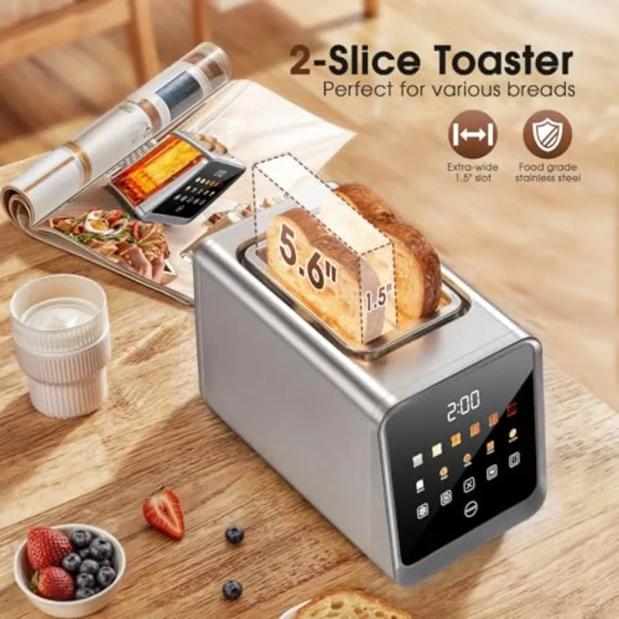 2-Slice Touch Screen Stainless Steel Digital Toaster with Single Slot Memory 5 Bread Types 6 Shade Settings 1.5 Wide Slots 900W