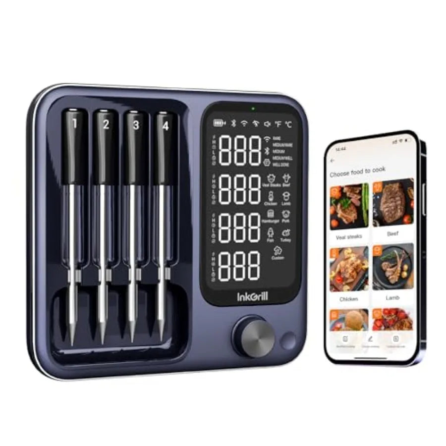 Wireless Meat Thermometer with APP Control 4 Probes Meat Thermometer Digital Unlimited Range WiFi and Bluetooth Meat Thermomete