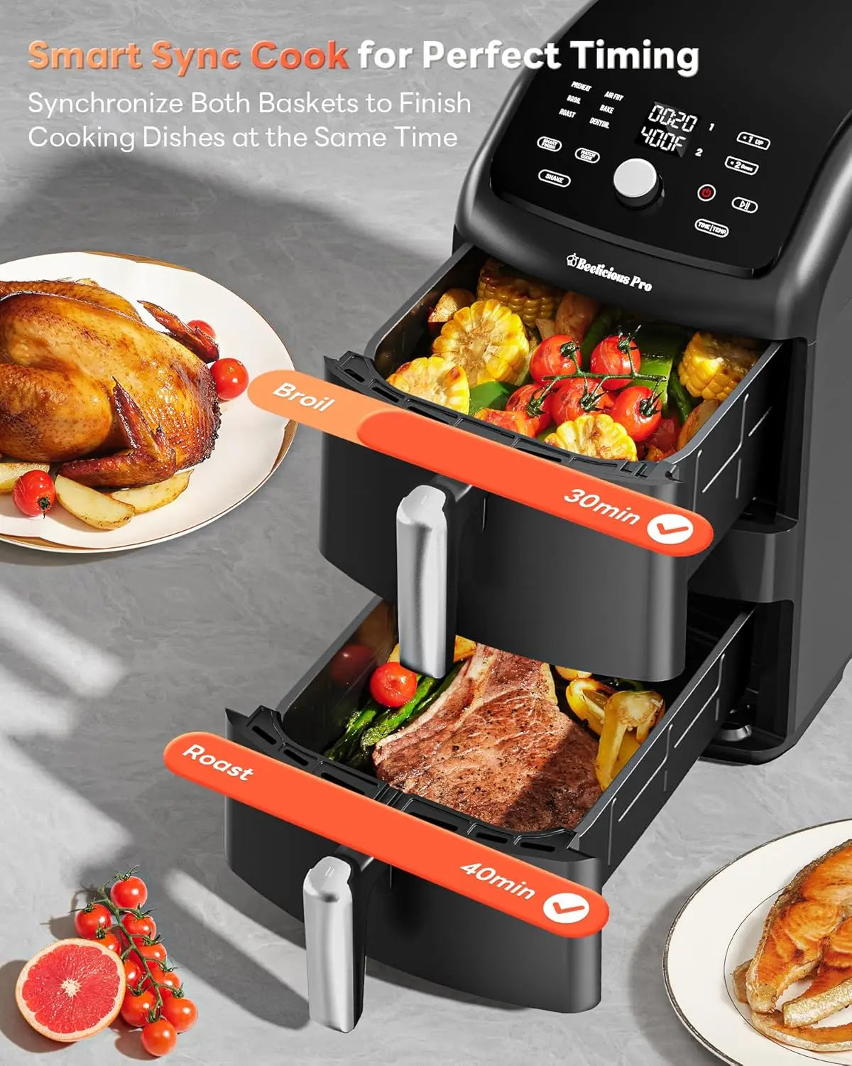 12QT Dual Basket Air Fryer, 10-in-1 Functions with SyncHeat Tech, Stacked Design for Even Cooking, Dishwasher Safe