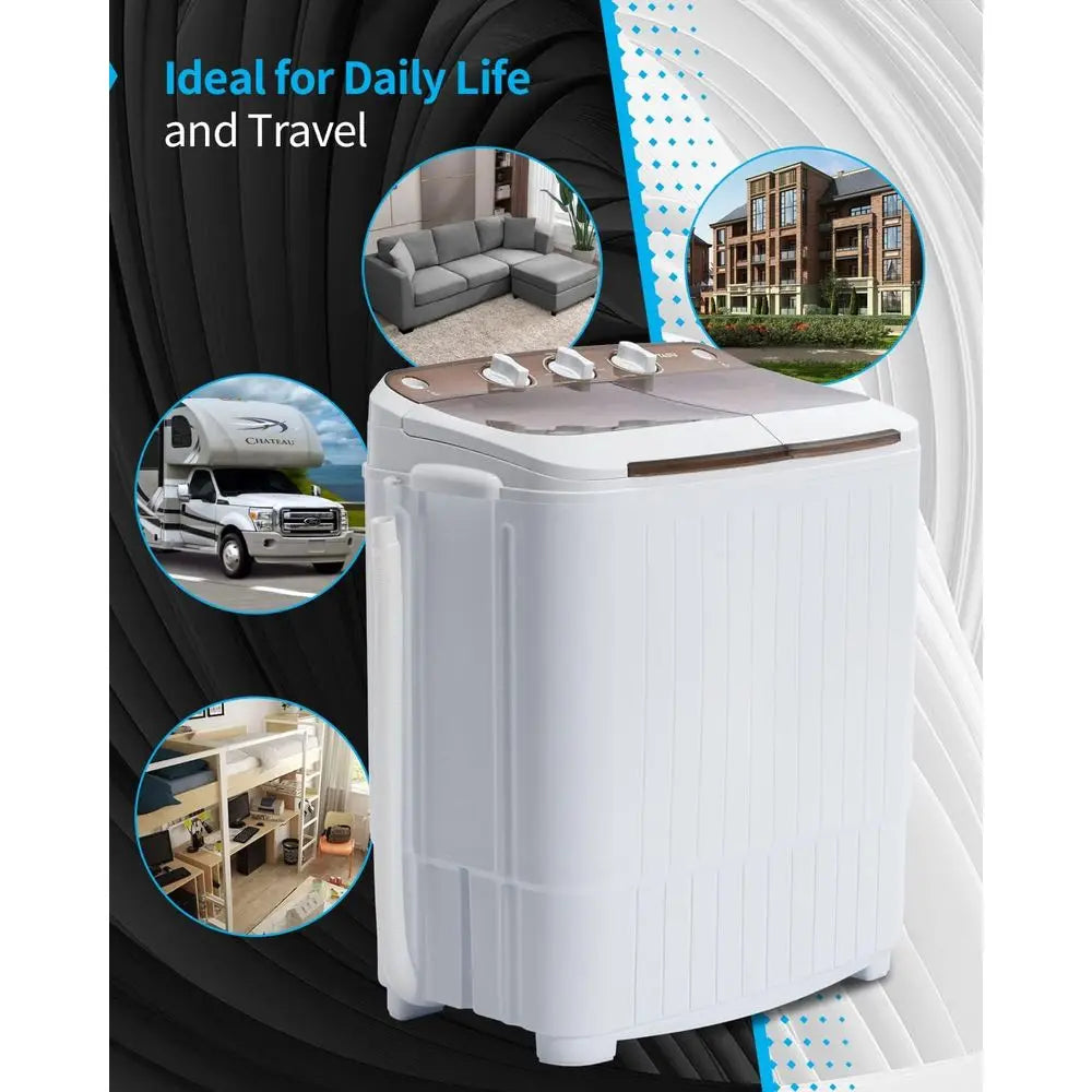 Compact Twin-Tub Portable Washer and Spin Dryer - Ideal for Dorms, Apartments, RVs, and Camping (White & Brown)