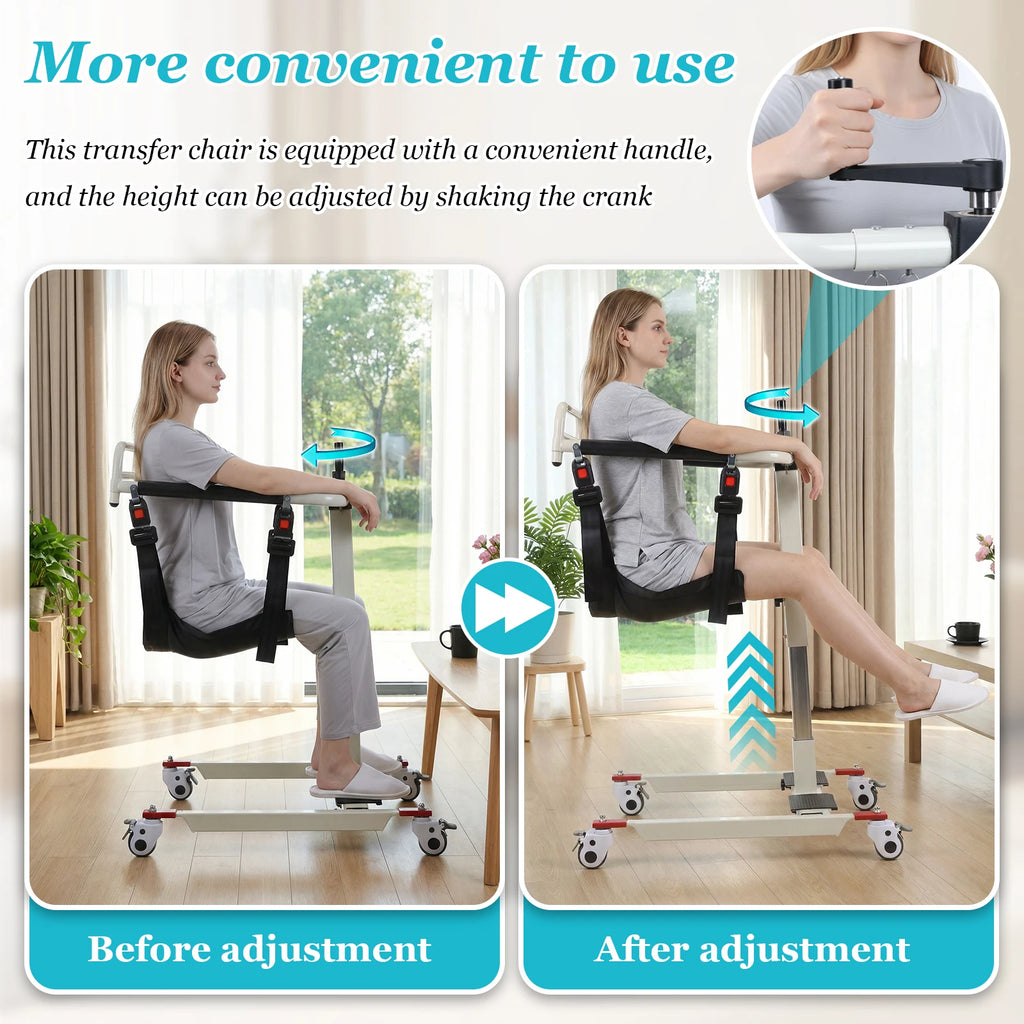 Patient Lift Transfer Chair with Adjustable Height & Width Bedside Commode Transport Chair with Wheels for Elderly and Disabled