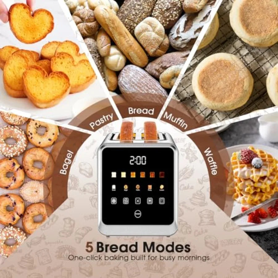 2-Slice Touch Screen Stainless Steel Digital Toaster with Single Slot Memory 5 Bread Types 6 Shade Settings 1.5 Wide Slots 900W