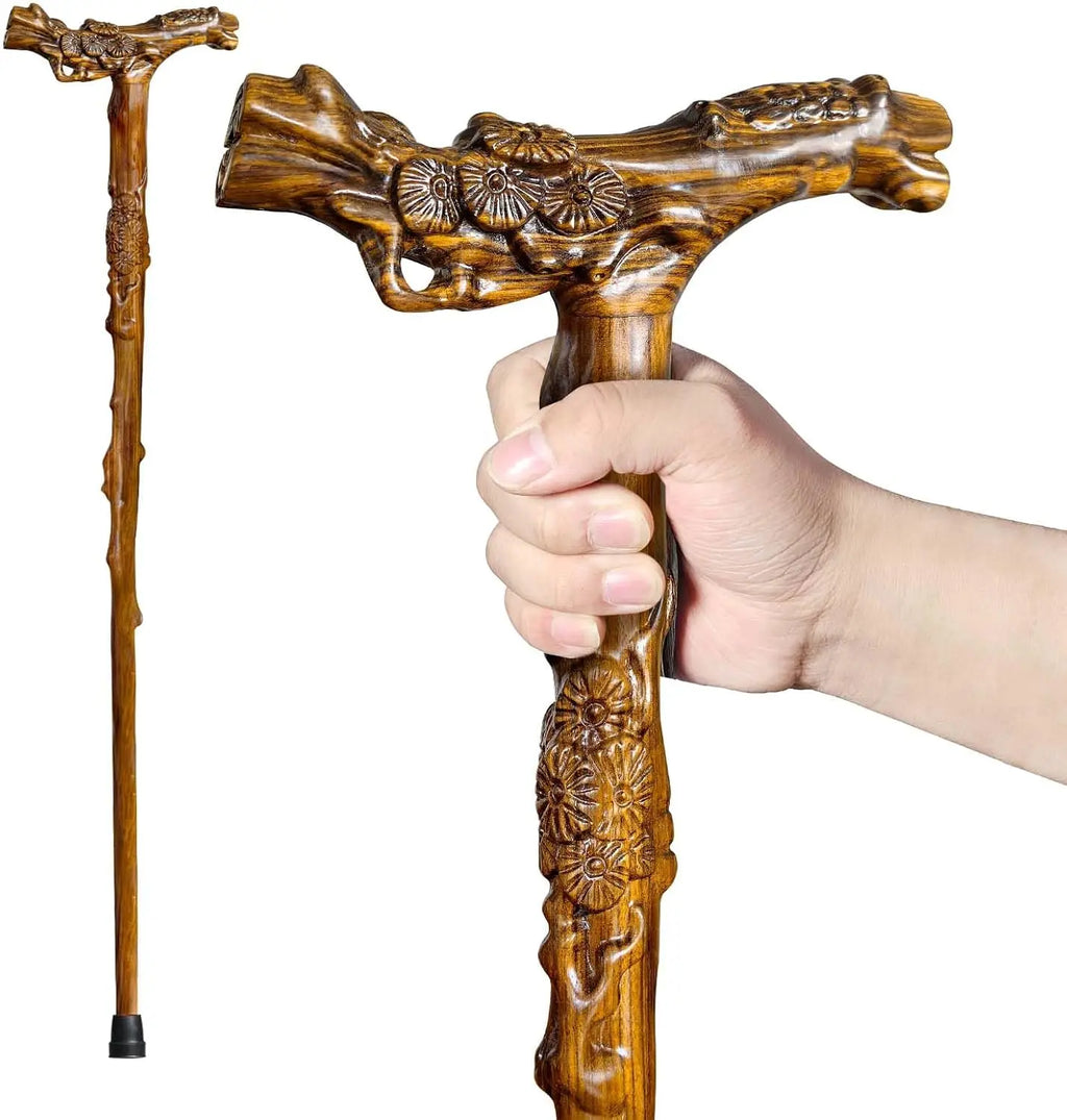 Hand-Carved Wooden Walking Cane with Massage Function, Supports up to 500lbs, High-end Senior Cane Suitable for Gift Giving