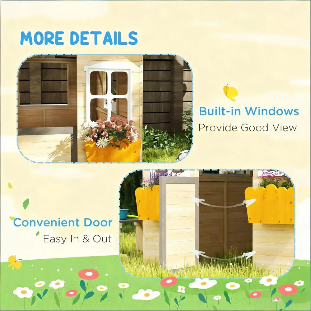 Wooden Playhouse Outdoor Cottage Playhouse W/Bench Door 2 Windows 3 Serving Station Flowerpot Holder Outdoor Garden for 3-6 Age