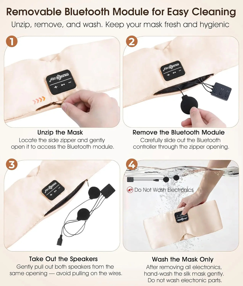 Silk Bluetooth Sleep Mask with Ultra-Thin Speakers, 3D Ergonomic Design for Side Sleepers, 14-Hour Battery, USB-C Charging