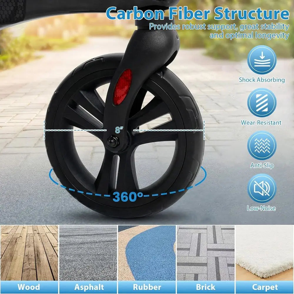 Ultralight Carbon Fiber Rollator Walker with 8 Wheels, 6-Position Handle, Adjustable Backrest for Adult Mobility