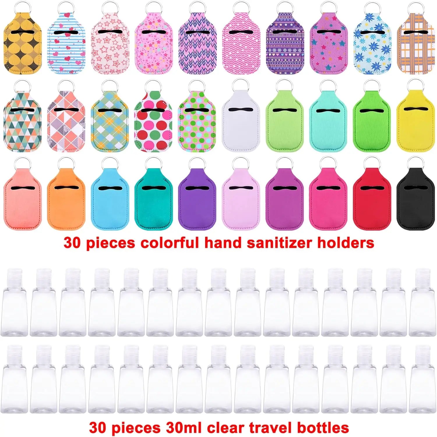 60-Piece Hand Sanitizer Holder Set with Clear Refillable Bottles for Keychain, Backpack, and Purse