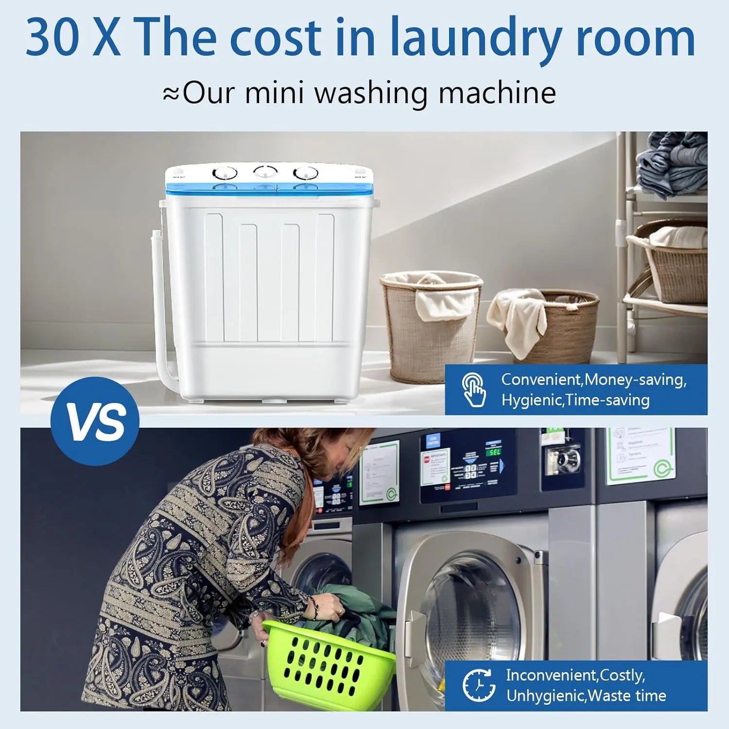 Twin Tub Mini Washing Machine for Dorm, RV, Camping, Apartment - Plastic Material, Free Drying Rack & 10 Hangers, 18lbs Compact