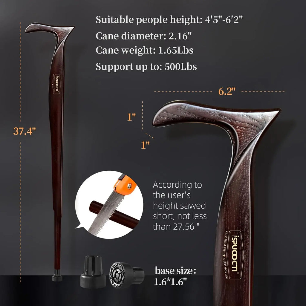 Natural Solid Wood Walking Cane with Rubber Tips and Travel Bag - Ergonomic Unisex Cane for Seniors