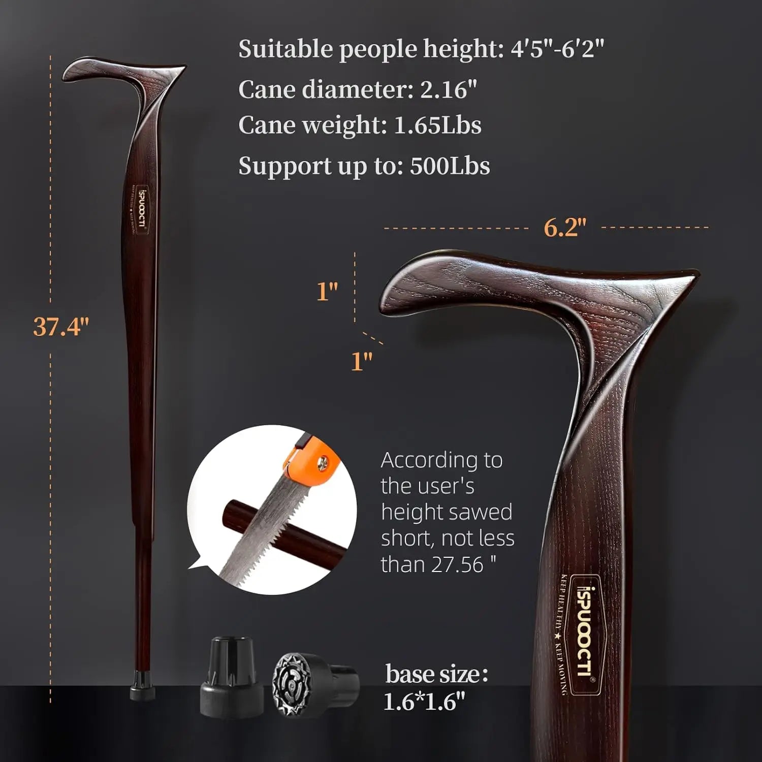 Natural Solid Wood Walking Cane with Rubber Tips and Travel Bag - Ergonomic Unisex Cane for Seniors