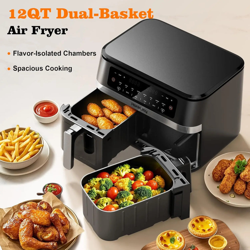 12QT Dual Basket Air Fryer with Viewing Window, Digital Touchscreen, and 50 Paper Liners for Oil-Free Cooking