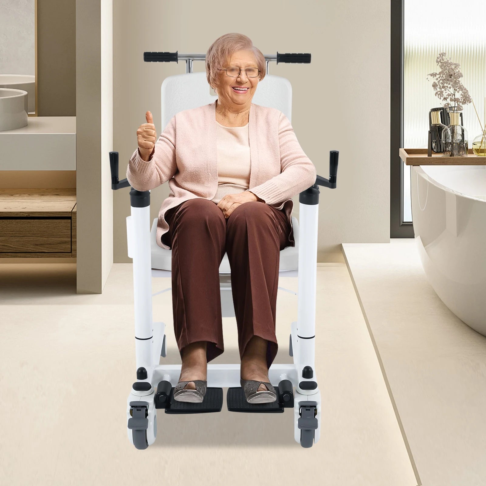 Patient Lift Chair, Transport Bath Seat with Commode, Adjustable Height Transfer Rolling Tool for Pregnant, Elderly, Disabled