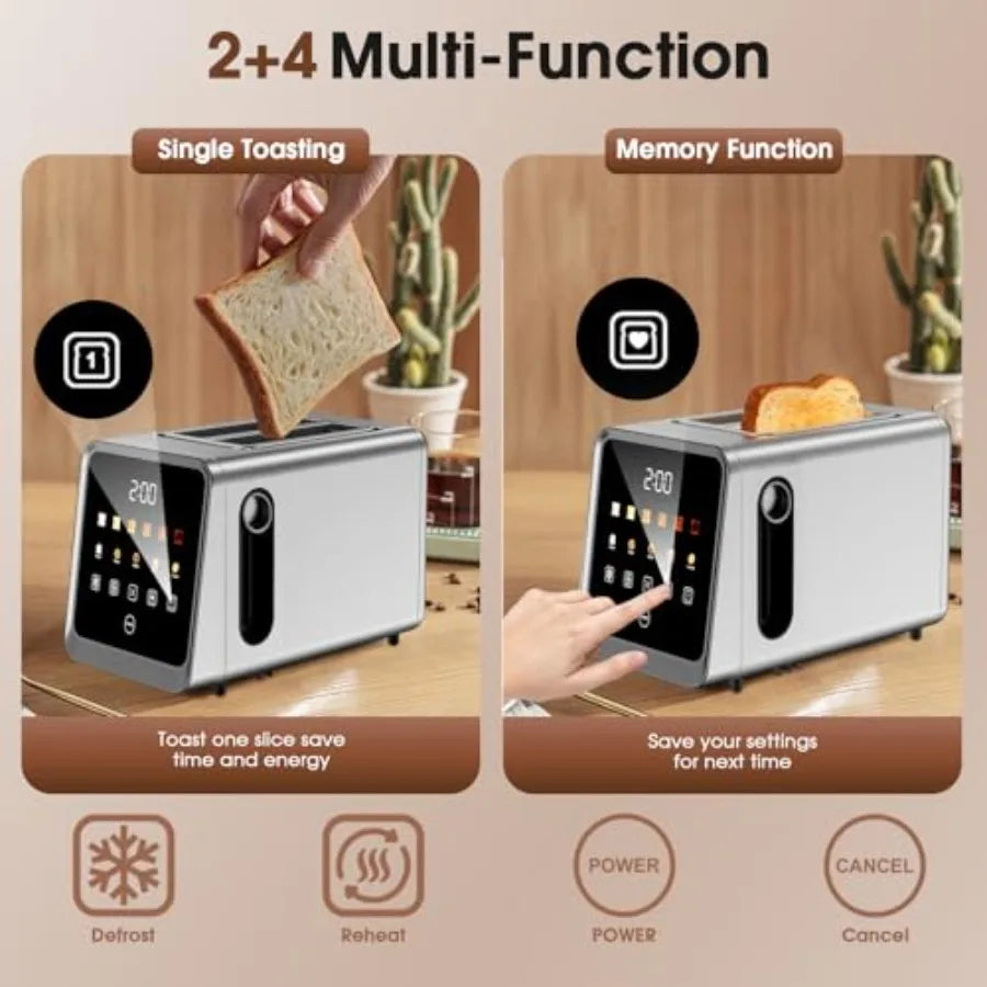 2-Slice Touch Screen Stainless Steel Digital Toaster with Single Slot Memory 5 Bread Types 6 Shade Settings 1.5 Wide Slots 900W