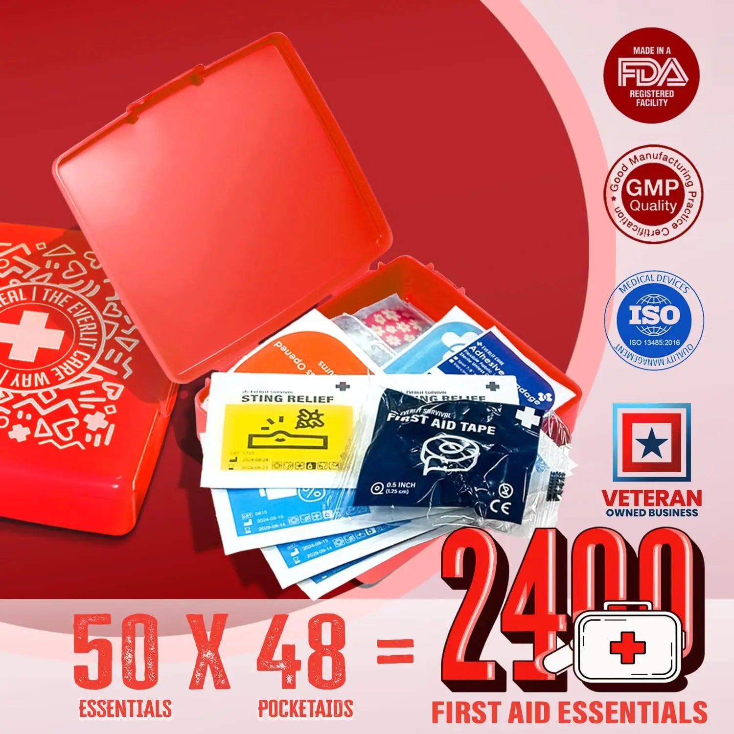 Mini First Aid Kit with 50 Items - Portable Hard Case for Travel, Camping, Home & Office (48 Packs)