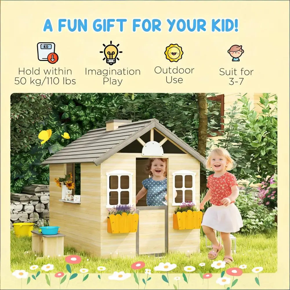 Wooden Playhouse Outdoor Cottage Playhouse W/Bench Door 2 Windows 3 Serving Station Flowerpot Holder Outdoor Garden for 3-6 Age
