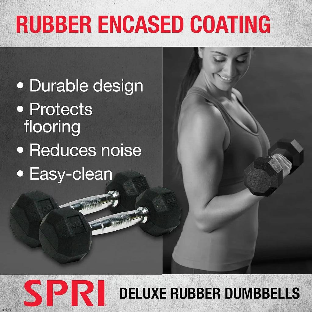 Hex Rubber Dumbbell Set - Chrome Handle Home Gym Weights for Strength Training
