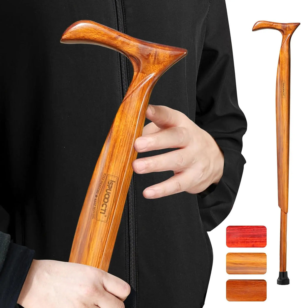 Natural Solid Wood Walking Cane with 3 Rubber Tips, Heavy Duty and Travel Bag - Ergonomic Unisex Cane for Seniors