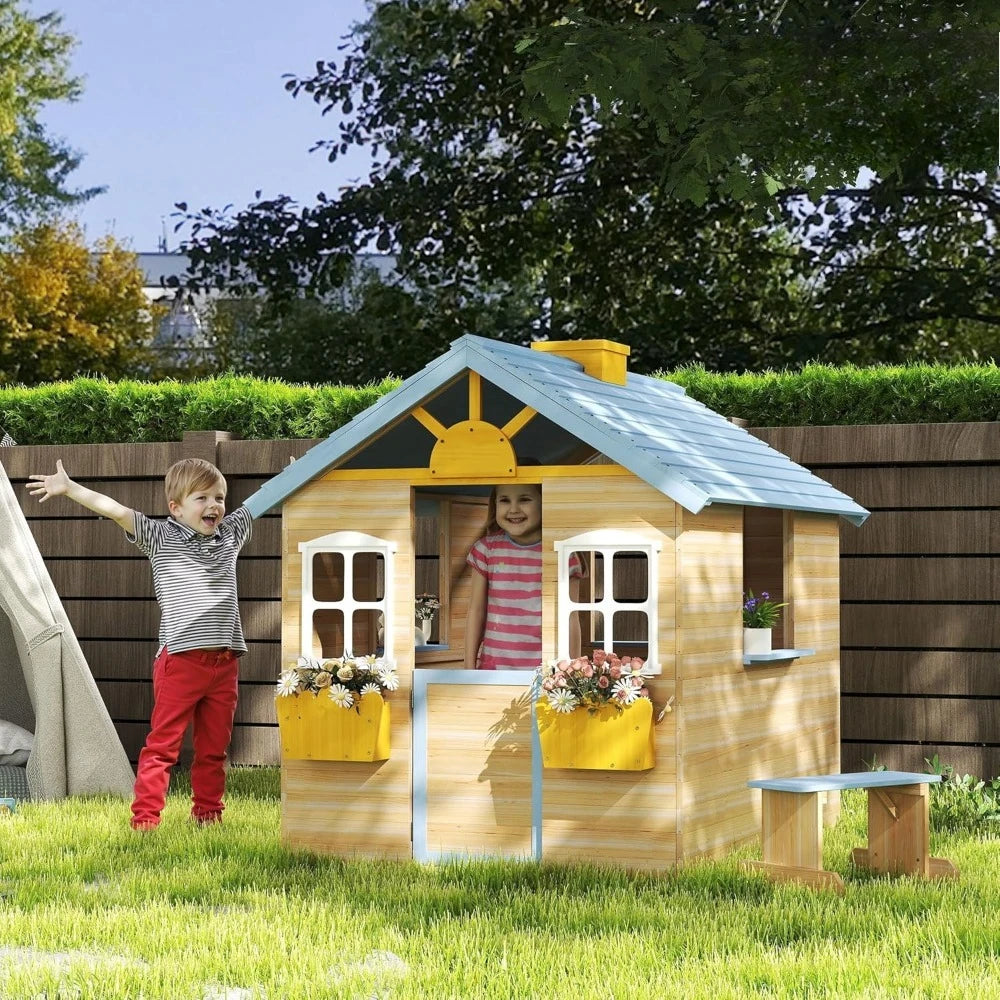 Outdoor Garden Wooden Playhouse with Operable Doors and Windows, Bench, Customizable