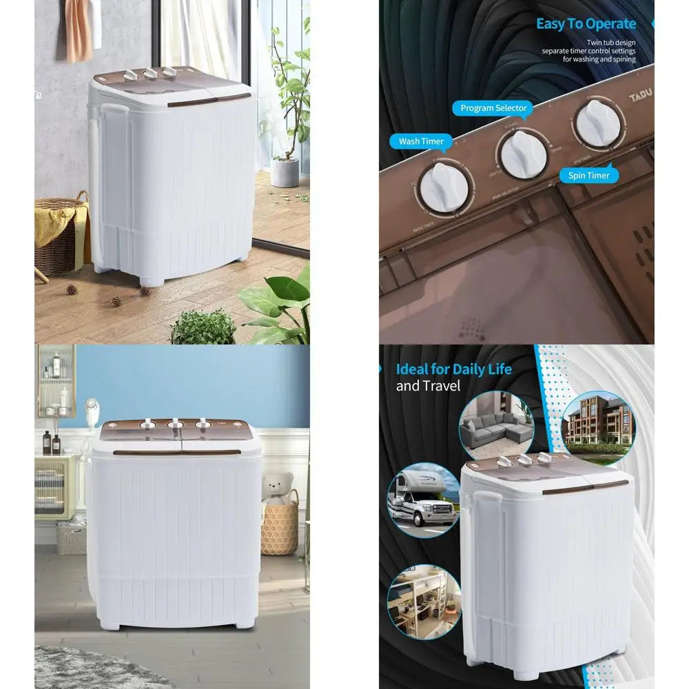 Compact Twin-Tub Portable Washer and Spin Dryer - Ideal for Dorms, Apartments, RVs, and Camping (White & Brown)