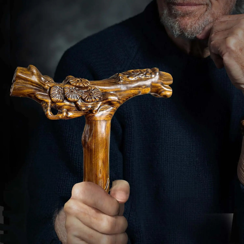 Hand-Carved Wooden Walking Cane with Massage Function, Supports up to 500lbs, High-end Senior Cane Suitable for Gift Giving