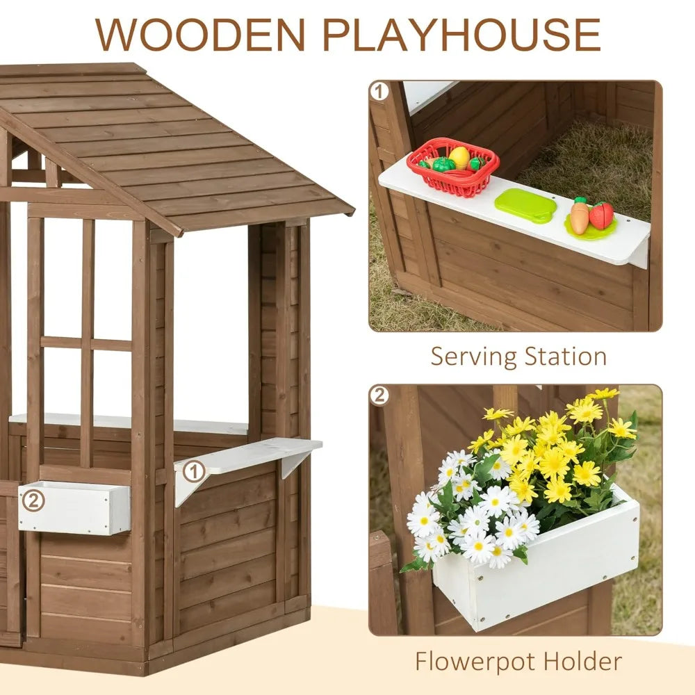 Wooden Playhouse, Outdoor Garden Games Cottage, with Working Door, Windows, Flowers Pot Holder, 47" X 38" X 54", Customized