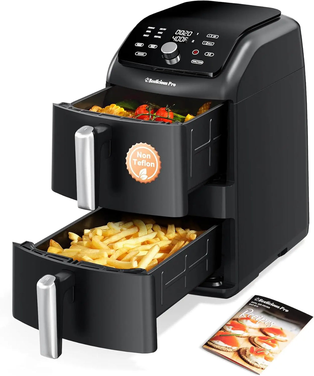 12QT Dual Basket Air Fryer, 10-in-1 Functions with SyncHeat Tech, Stacked Design for Even Cooking, Dishwasher Safe