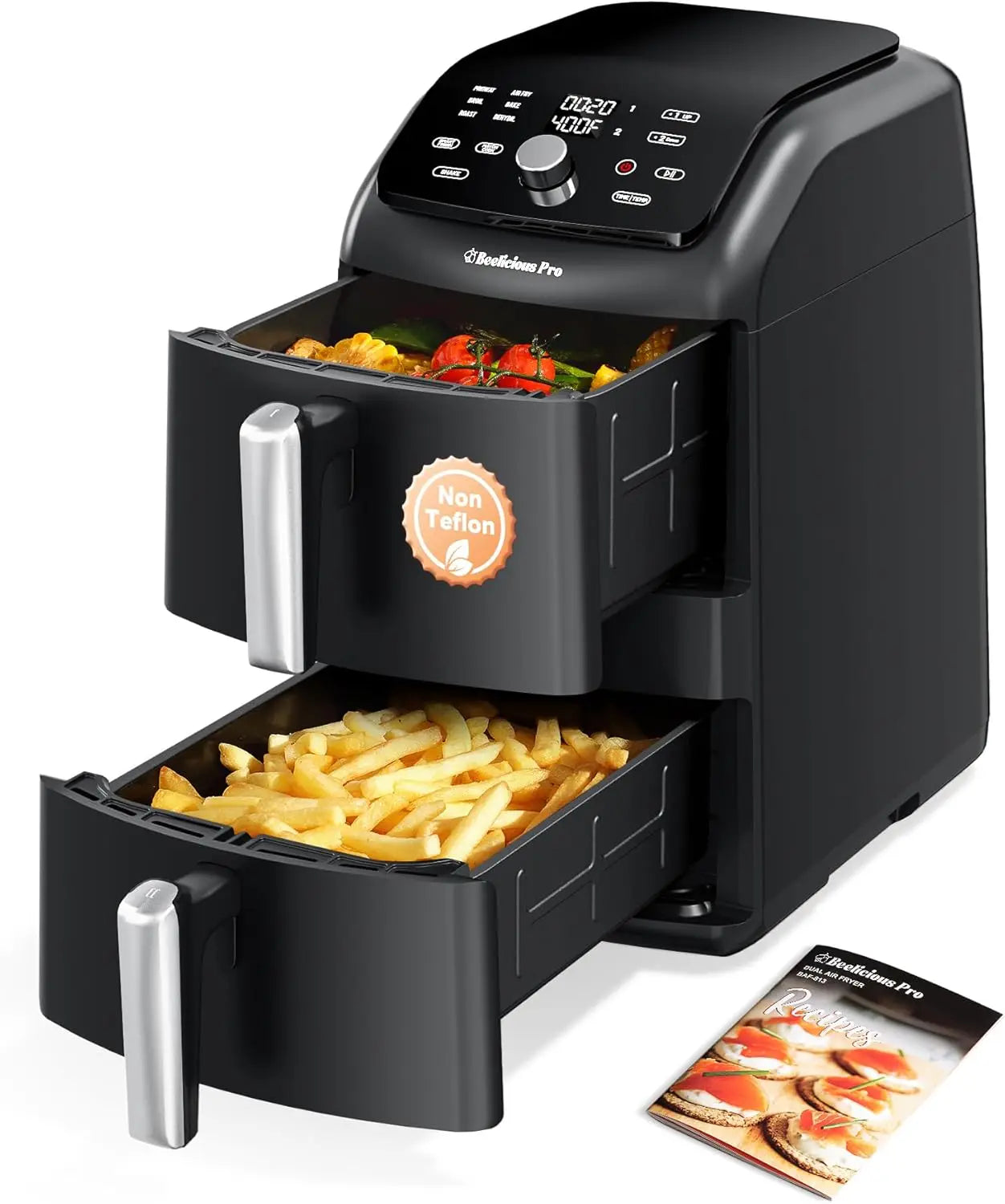 12QT Dual Basket Air Fryer, 10-in-1 Functions with SyncHeat Tech, Stacked Design for Even Cooking, Dishwasher Safe