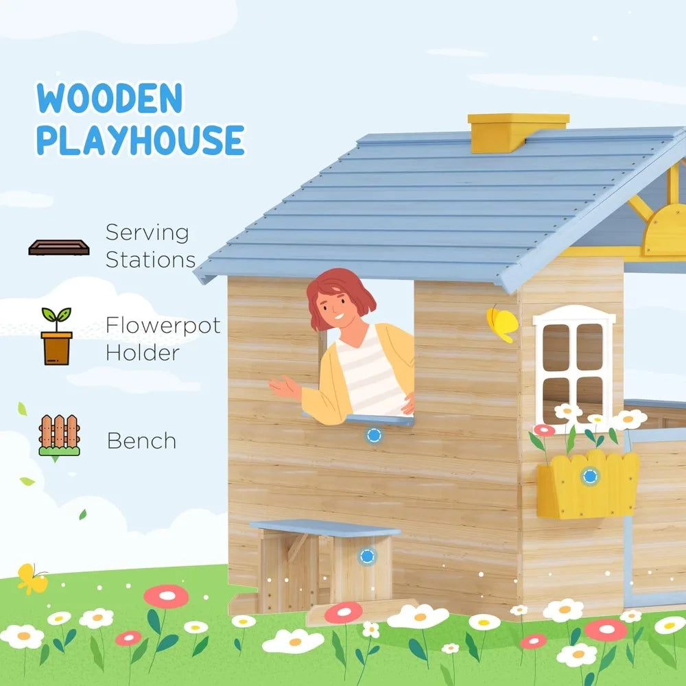 Outdoor Garden Wooden Playhouse with Operable Doors and Windows, Bench, Customizable