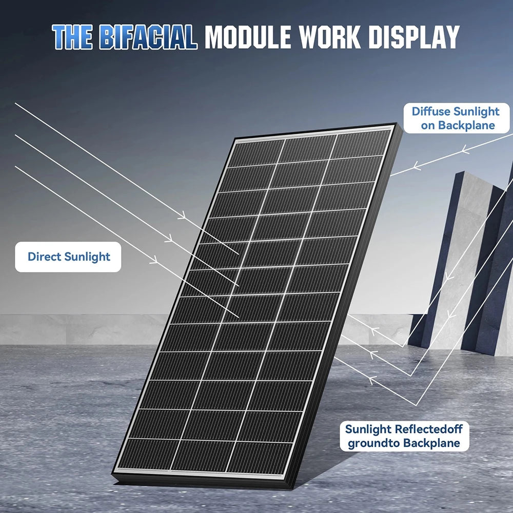 RVPOZWER 200W/400W/800W Bifacial Solar Panel 18BB N-Type Mono Cells High-Efficiency PV Power for Home Rooftop Off-Grid Outdoor