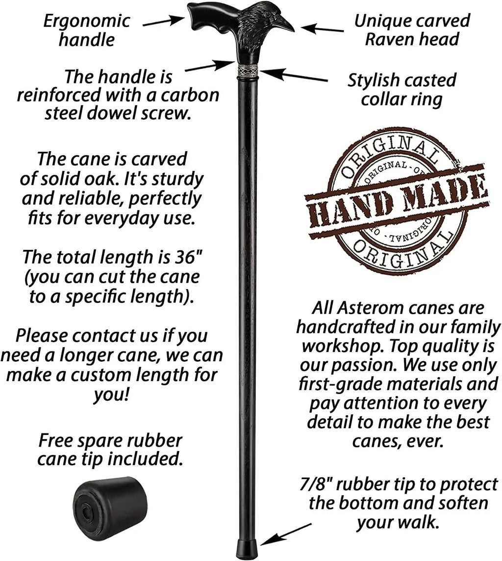 Handmade Wooden Carved Walking Cane for Men and Women - Raven Design Gothic Style Walking Stick
