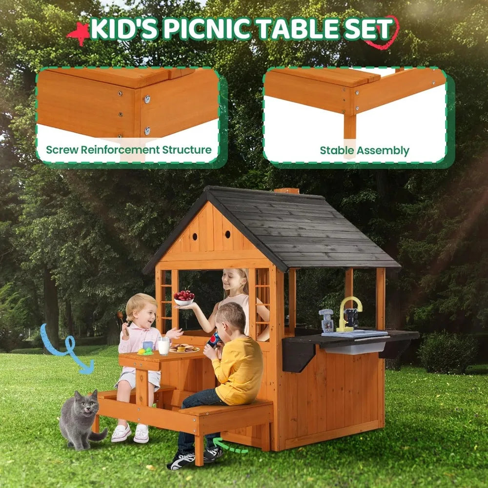 Outdoor Playhouse with Sink Toys, Picnic Table, Mailbox, Spacious Wooden Toddler Playhouse, Customized