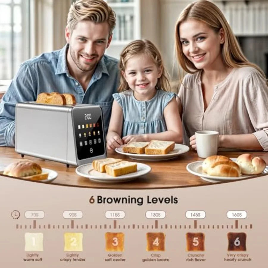 2-Slice Touch Screen Stainless Steel Digital Toaster with Single Slot Memory 5 Bread Types 6 Shade Settings 1.5 Wide Slots 900W